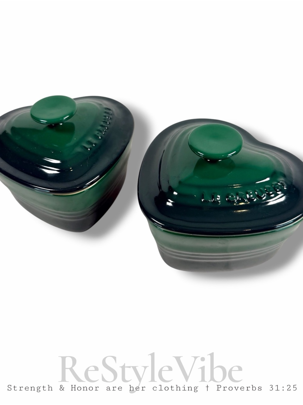 LE CREUSET Set of 2 Mini Dishes Heart Shape Bakeware Lids Cocotte Style Green